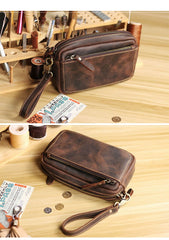 Vintage Dark Brown Leather Mens Phone Wallet Clutch Wallet Wristlet Bag Zipper Long Wallet For Men - imessengerbags