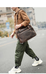 Vintage Dark Brown Mens Leather Briefcase Work Handbag Brown 15'' Computer Briefcase For Men - imessengerbags