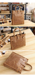 Vintage Dark Tan Mens Leather Vertical Briefcase Work Handbag Tote Brown 13'' Computer Briefcases For Men - imessengerbags
