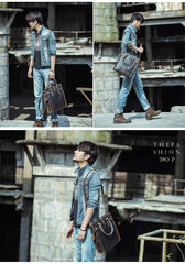 Vintage Dark Tan Mens Leather Vertical Briefcase Work Handbag Tote Brown 13'' Computer Briefcases For Men - imessengerbags