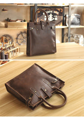 Vintage Dark Tan Mens Leather Vertical Briefcase Work Handbag Tote Brown 13'' Computer Briefcases For Men - imessengerbags