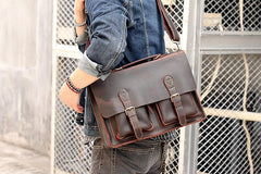 Vintage Dark Brown Mens Leather Briefcase Work Handbag Dark Coffee 14'' Computer Briefcase For Men - imessengerbags