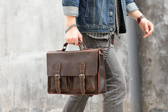 Vintage Dark Brown Mens Leather Briefcase Work Handbag Dark Coffee 14'' Computer Briefcase For Men - imessengerbags