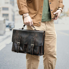 Vintage Dark Brown Mens Leather Briefcase Work Handbag Dark Coffee 14'' Computer Briefcase For Men - imessengerbags