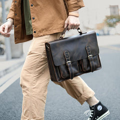 Vintage Dark Brown Mens Leather Briefcase Work Handbag Dark Coffee 14'' Computer Briefcase For Men - imessengerbags