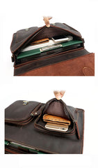 Vintage Dark Brown Mens Leather Briefcase Work Handbag Dark Coffee 14'' Computer Briefcase For Men - imessengerbags