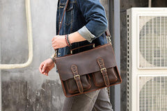 Vintage Dark Brown Mens Leather Briefcase Work Handbag Dark Coffee 14'' Computer Briefcase For Men - imessengerbags