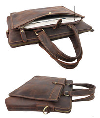 Vintage Dark Brown Mens Leather Briefcase Work Handbags Black 14'' Computer Briefcases For Men - imessengerbags