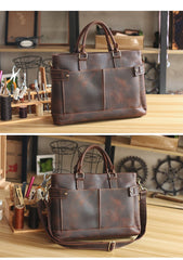 Vintage Dark Brown Mens Leather Briefcase Work Handbags Brown 14'' Computer Briefcase For Men - imessengerbags