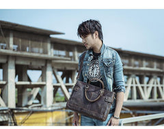 Vintage Dark Brown Mens Leather Briefcase Work Handbags Brown 14'' Computer Briefcase For Men - imessengerbags