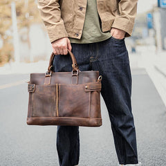 Vintage Dark Brown Mens Leather Briefcase Work Handbags Brown 14'' Computer Briefcase For Men - imessengerbags