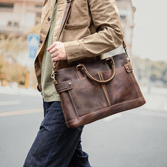 Vintage Dark Brown Mens Leather Briefcase Work Handbags Brown 14'' Computer Briefcase For Men