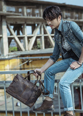 Vintage Dark Brown Mens Leather Briefcase Work Handbags Brown 14'' Computer Briefcase For Men - imessengerbags
