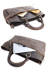 Vintage Dark Brown Mens Leather Briefcase Work Handbags Brown 14'' Computer Briefcase For Men - imessengerbags