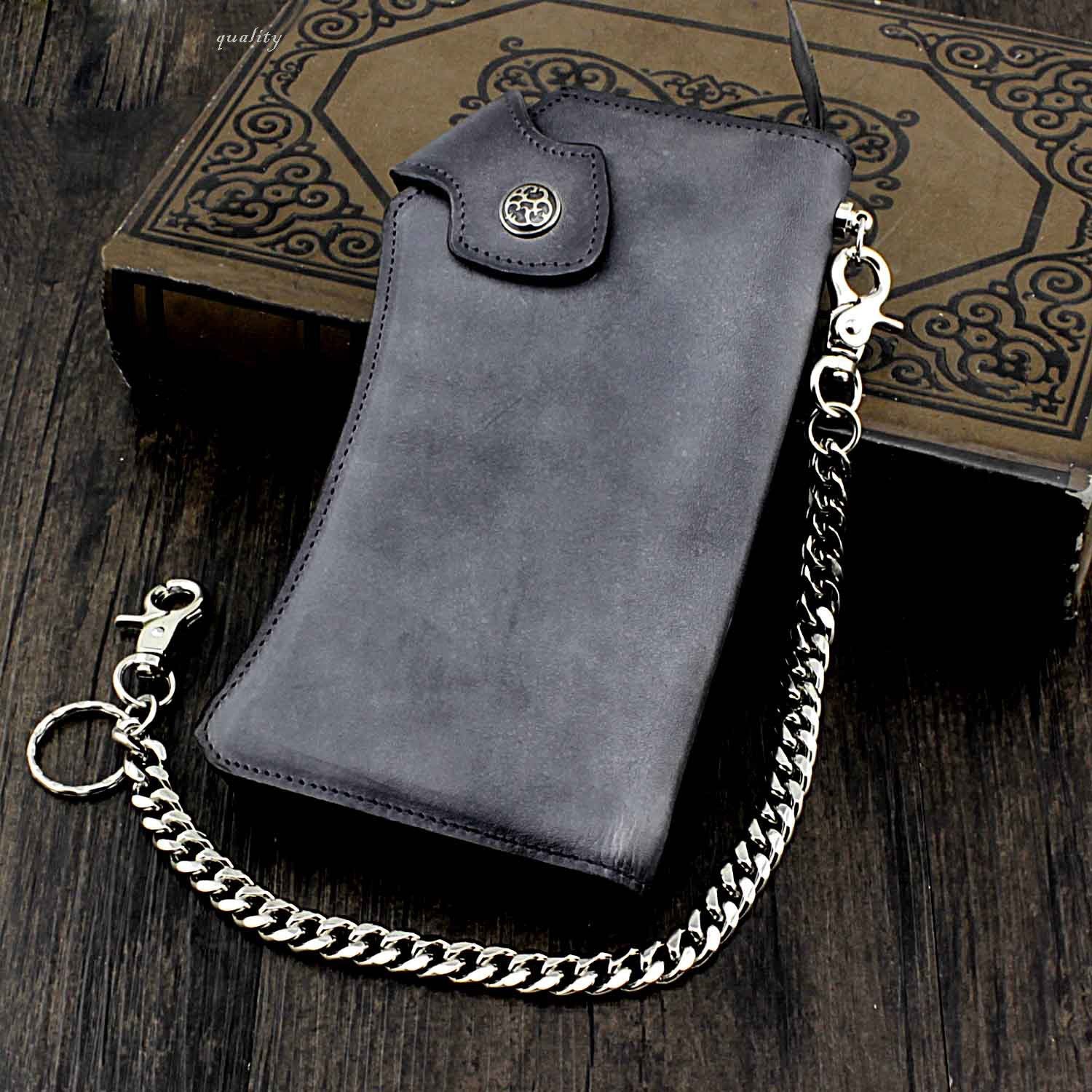 Vintage Gray Leather Men's Biker Chain Wallet Biker Wallet with Chain Long Chain Wallet For Men - imessengerbags