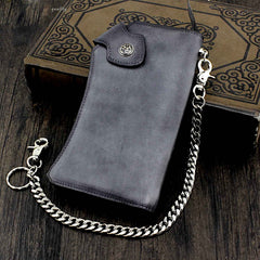 Vintage Gray Leather Men's Biker Chain Wallet Biker Wallet with Chain Long Chain Wallet For Men - imessengerbags