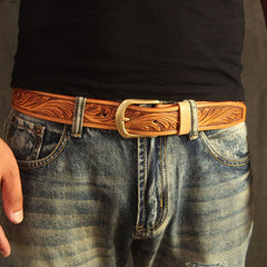 Handmade Vintage Yellow Brown Floral Tooled Leather Mens Belt Carved Leather Belt for Men - imessengerbags