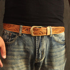 Handmade Vintage Yellow Brown Floral Tooled Leather Mens Belt Carved Leather Belt for Men