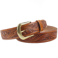 Handmade Vintage Yellow Brown Floral Tooled Leather Mens Belt Carved Leather Belt for Men - imessengerbags