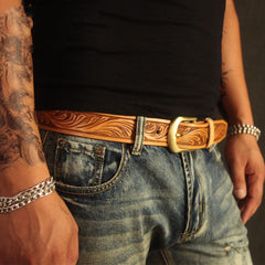 Handmade Vintage Yellow Brown Floral Tooled Leather Mens Belt Carved Leather Belt for Men - imessengerbags