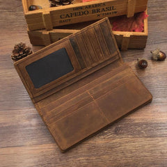 Vintage Cool Coffee Mens Leather Long Wallets Bifold Long Wallets for Men