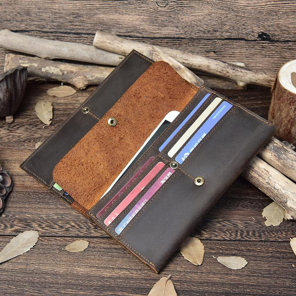 Vintage Leather Mens Long Wallet Bifold Coffee Long Wallet for Men - imessengerbags