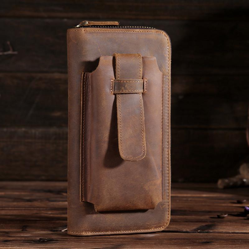 Vintage Leather Mens Long Wallet Bifold Zipper Cool Clutch Wallet for Men