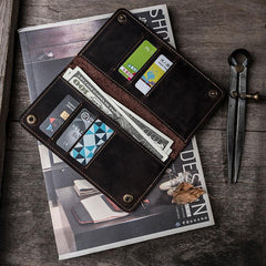 Vintage Leather Long Wallets for men Bifold Men Long Wallet