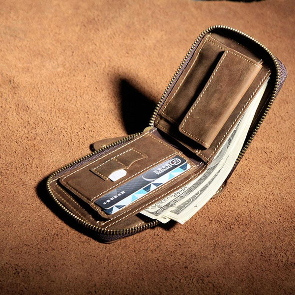 Vintage Leather Men Small Zipper Wallet Bifold Wallet for Men - imessengerbags