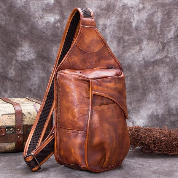 Vintage Leather Mens Sling Bag Crossbody Bag Chest Bag for men - imessengerbags