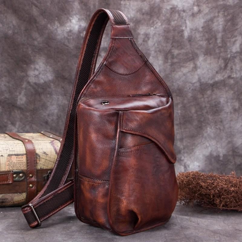 Vintage Leather Mens Sling Bag Crossbody Bag Chest Bag for men