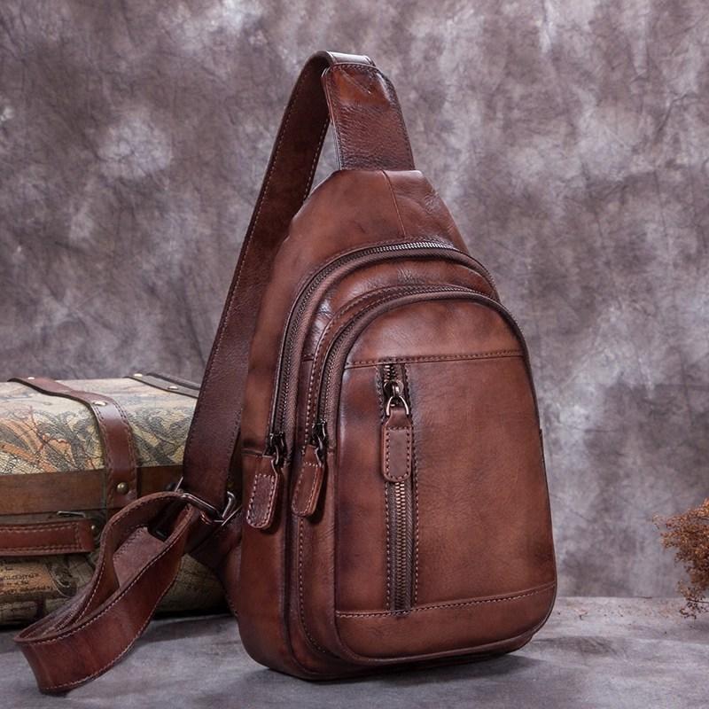 Vintage Leather Mens Sling Bag Crossbody Bag Chest Bag for men