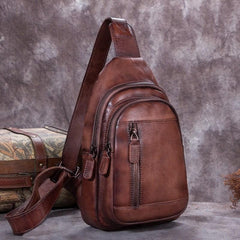 Vintage Leather Mens Sling Bag Crossbody Bag Chest Bag for men
