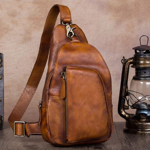 Vintage Leather Mens Sling Bag Crossbody Bag Chest Bag for men - imessengerbags