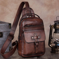 Vintage Leather Mens Sling Bag Crossbody Bag Chest Bag for men