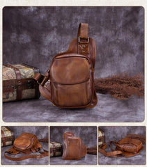 Vintage Leather Mens Sling Bag Crossbody Bag Chest Bag for men