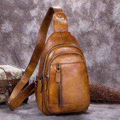 Vintage Leather Mens Sling Bag Crossbody Bag Chest Bag for men