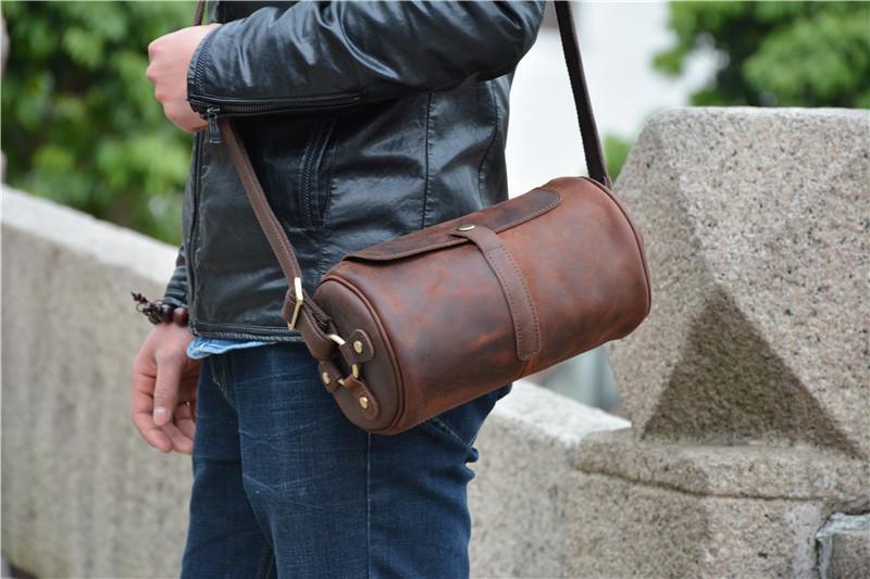 Vintage Leather Small Barrel Messenger Bag Shoulder Bag For Men