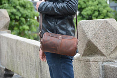 Vintage Leather Small Barrel Messenger Bag Shoulder Bag For Men