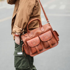 Vintage Light Brown Mens Leather Briefcase Work Handbag Brown 13'' Computer Briefcase For Men - imessengerbags