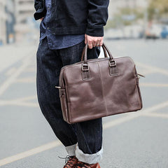 Vintage Brown Mens Leather Briefcase Work Handbag Dark Coffee 14'' Computer Briefcase For Men