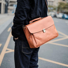 Vintage Light Brown Mens Leather Briefcase Work Handbags Brown 14'' Computer Briefcase For Men - imessengerbags