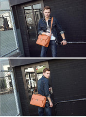 Vintage Light Brown Mens Leather Briefcase Work Handbags Brown 14'' Computer Briefcase For Men - imessengerbags