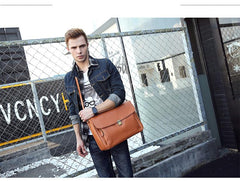 Vintage Light Brown Mens Leather Briefcase Work Handbags Brown 14'' Computer Briefcase For Men - imessengerbags