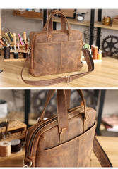 Vintage Maroon Mens Leather Briefcase Work Handbag Brown 14'' Laptop Briefcases For Men - imessengerbags