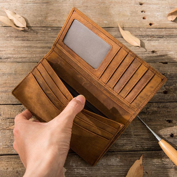 Vintage Slim Cool Mens long Wallet Leather Wallet Bifold Long Wallets for Men - imessengerbags