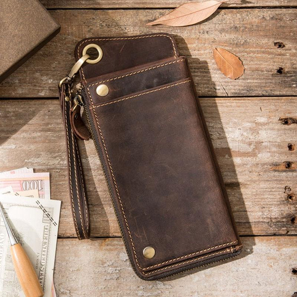 Vintage long Biker Chain Wallet Leather Mens Chain Wallet Long Wallet for Men - imessengerbags