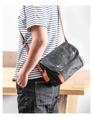Wax Canvas Leather Mens Dark Gray Small Side Bag Courier Bag Khaki Messenger Bag for Men - imessengerbags