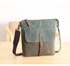 Wax Canvas Leather Mens Small Waterproof Vertical Green Side Bag Courier Bag Messenger Bag for Men - imessengerbags