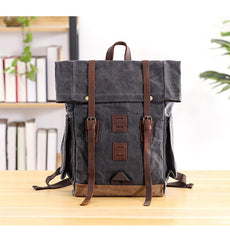 Waxed Canvas Leather Mens 16‘’ Army Green Backpack Travel Backpack Gray Hiking Backpack for Men - imessengerbags